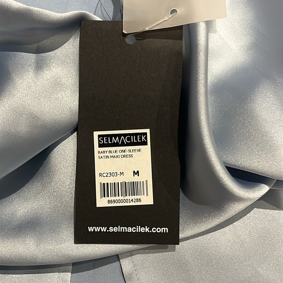 NWT SELMACILEK pale blue one-shoulder satin maxi dress, size medium - Picture 4 of 10